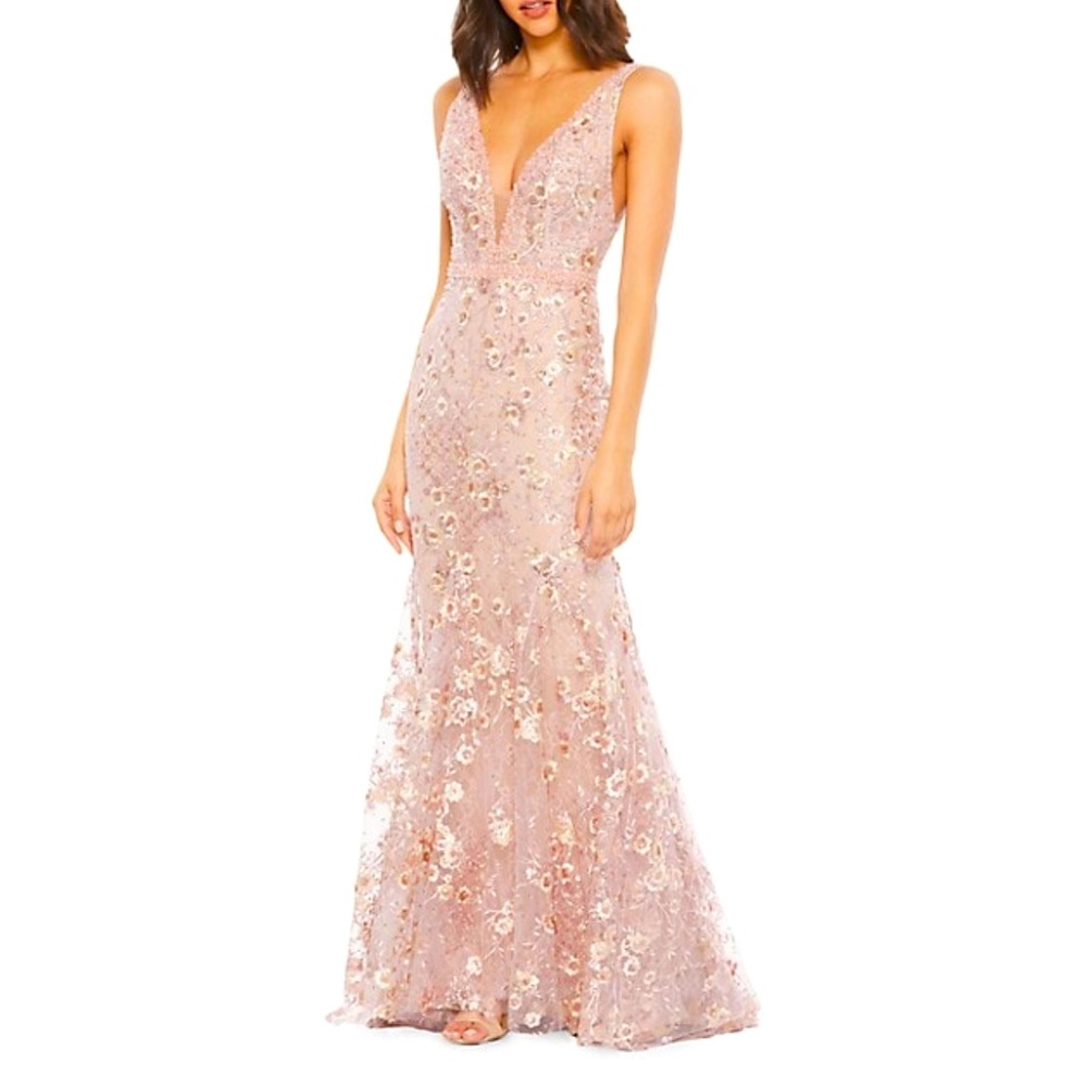 Mac Duggal Embroidered Floral Modified A-Line Gown Rose Pink